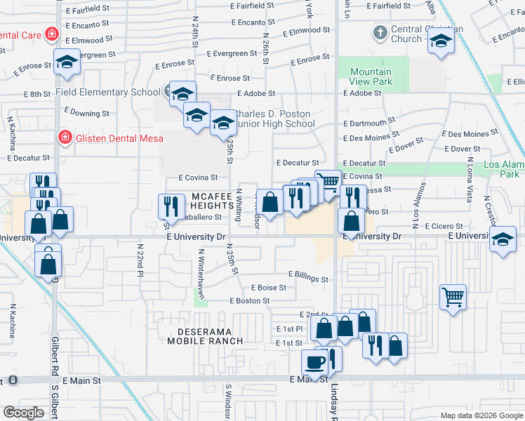map of restaurants, bars, coffee shops, grocery stores, and more near 465 North Windsor in Mesa