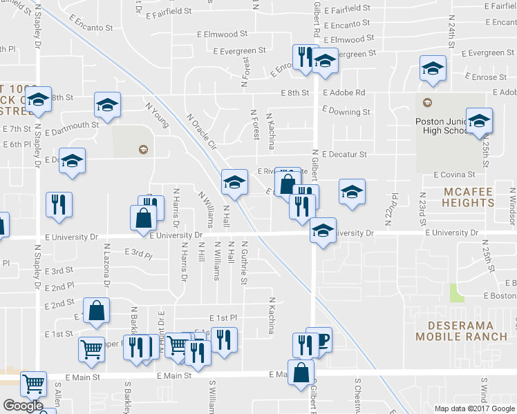map of restaurants, bars, coffee shops, grocery stores, and more near 1821 East Covina Street in Mesa