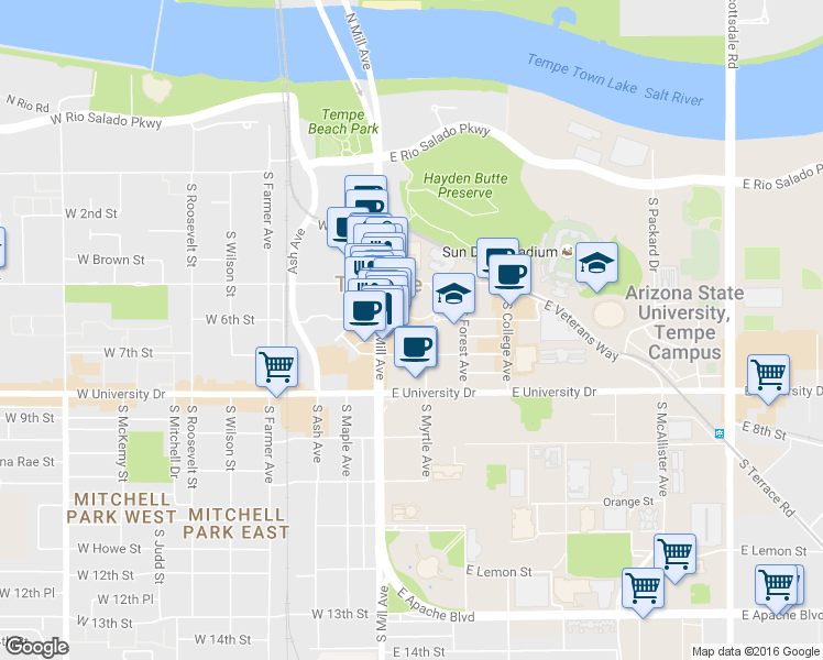 map of restaurants, bars, coffee shops, grocery stores, and more near 20 East 6th Street in Tempe