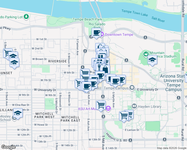 map of restaurants, bars, coffee shops, grocery stores, and more near 133 West 6th Street in Tempe