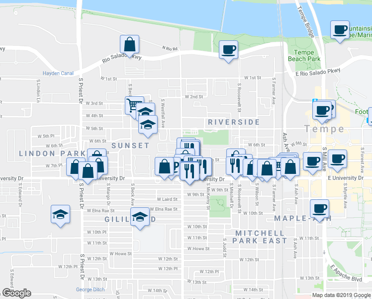 map of restaurants, bars, coffee shops, grocery stores, and more near 616 South Hardy Drive in Tempe