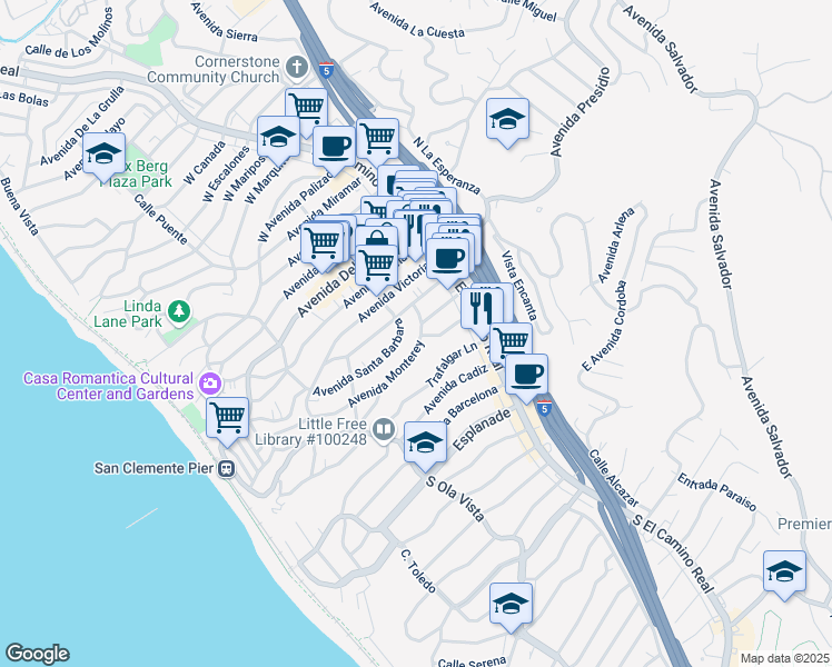 map of restaurants, bars, coffee shops, grocery stores, and more near 203 Avenida Monterey in San Clemente