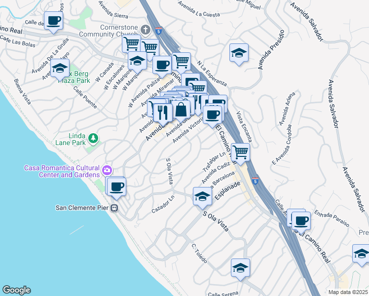 map of restaurants, bars, coffee shops, grocery stores, and more near 202 Avenida Rosa in San Clemente