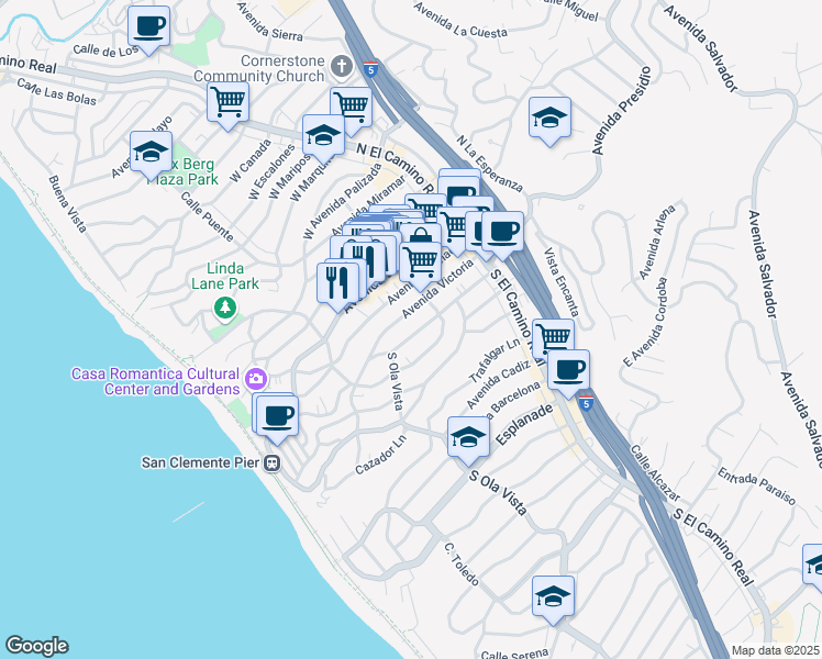 map of restaurants, bars, coffee shops, grocery stores, and more near 220 Avenida Victoria in San Clemente