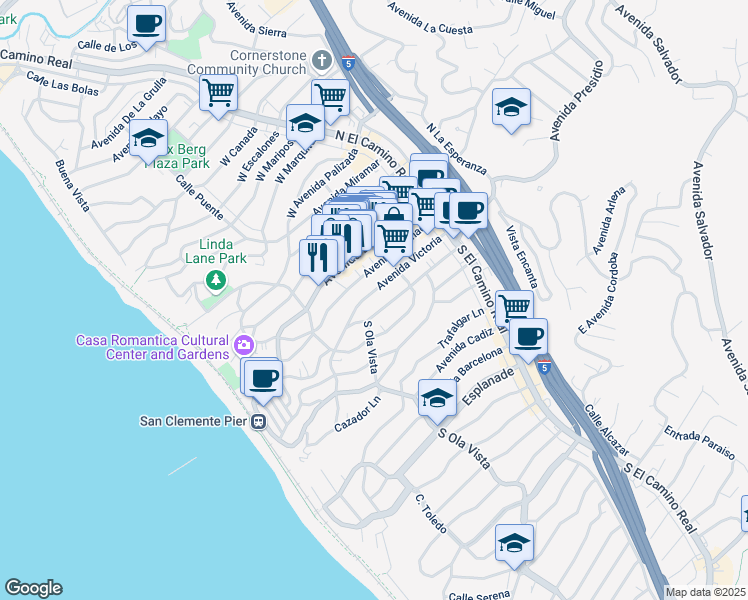 map of restaurants, bars, coffee shops, grocery stores, and more near 220 Avenida Victoria in San Clemente