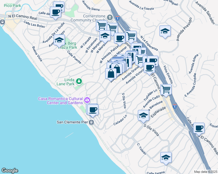 map of restaurants, bars, coffee shops, grocery stores, and more near 251 Avenida Del Mar in San Clemente