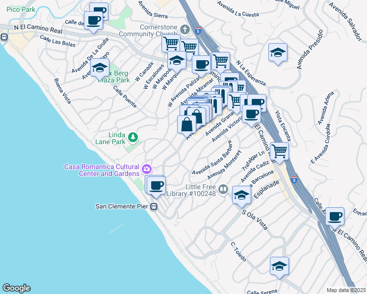 map of restaurants, bars, coffee shops, grocery stores, and more near 240 Avenida Granada in San Clemente