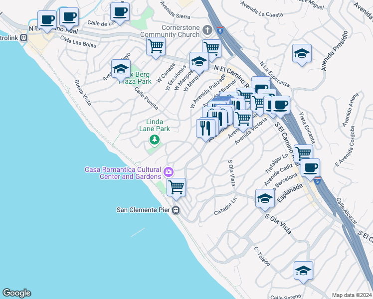 map of restaurants, bars, coffee shops, grocery stores, and more near 313 Encino Lane in San Clemente
