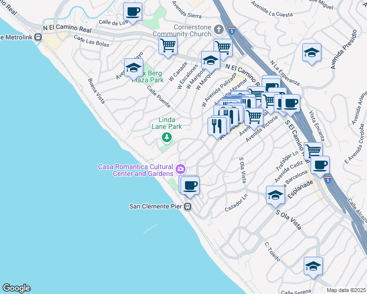 map of restaurants, bars, coffee shops, grocery stores, and more near 313 Encino Lane in San Clemente