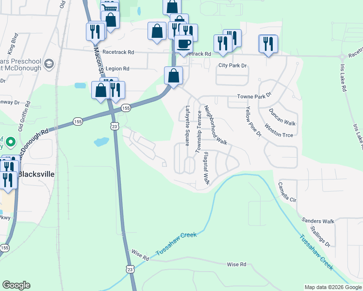 map of restaurants, bars, coffee shops, grocery stores, and more near 1525 New Orleans Way in McDonough