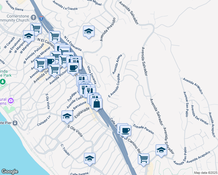 map of restaurants, bars, coffee shops, grocery stores, and more near 214 Via Robina in San Clemente