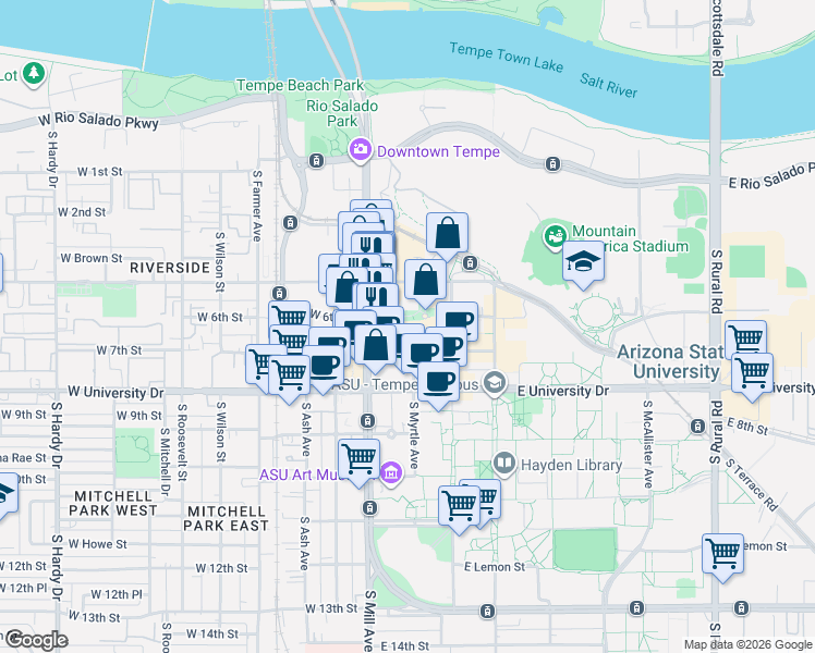 map of restaurants, bars, coffee shops, grocery stores, and more near 21 East 6th Street in Tempe
