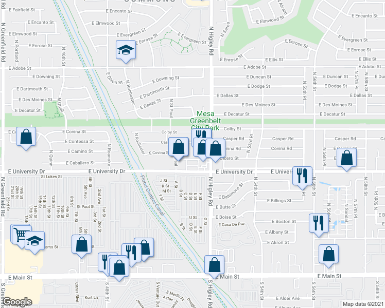 map of restaurants, bars, coffee shops, grocery stores, and more near 5122 East University Drive in Mesa