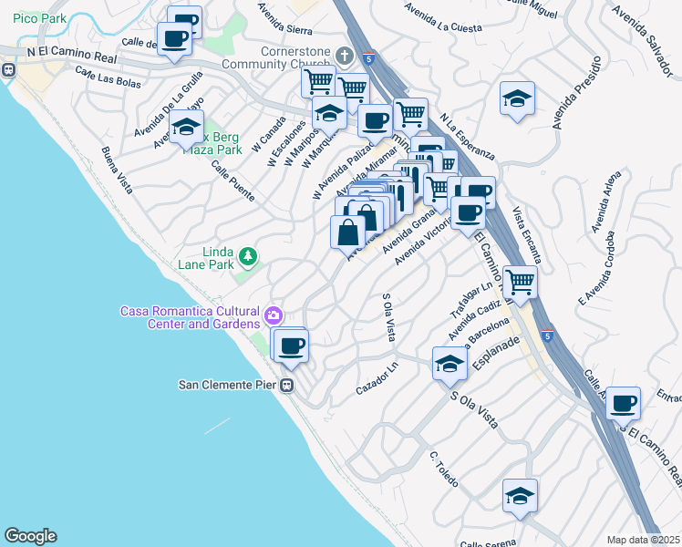 map of restaurants, bars, coffee shops, grocery stores, and more near 251 Avenida Del Mar in San Clemente