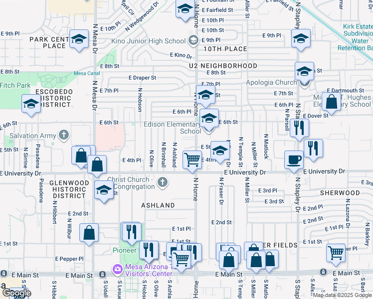 map of restaurants, bars, coffee shops, grocery stores, and more near 514 North Horne in Mesa