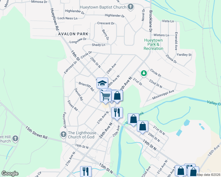 map of restaurants, bars, coffee shops, grocery stores, and more near 1915 28th Avenue North in Bessemer