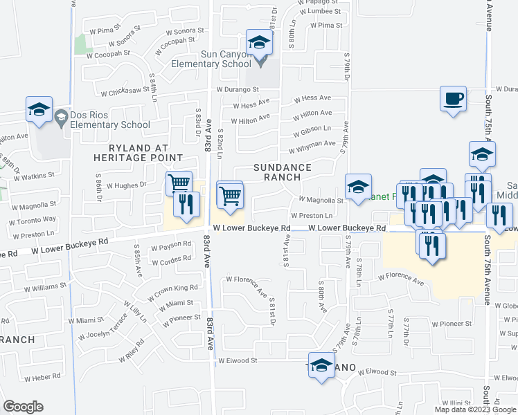 map of restaurants, bars, coffee shops, grocery stores, and more near 8142 West Preston Lane in Phoenix