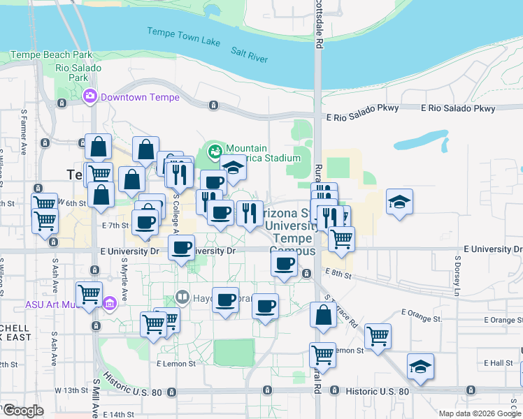 map of restaurants, bars, coffee shops, grocery stores, and more near 601 East 6th Street in Tempe