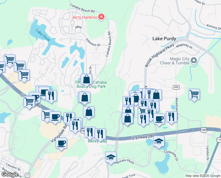 map of restaurants, bars, coffee shops, grocery stores, and more near 4020 Eagle Ridge Ct in Birmingham