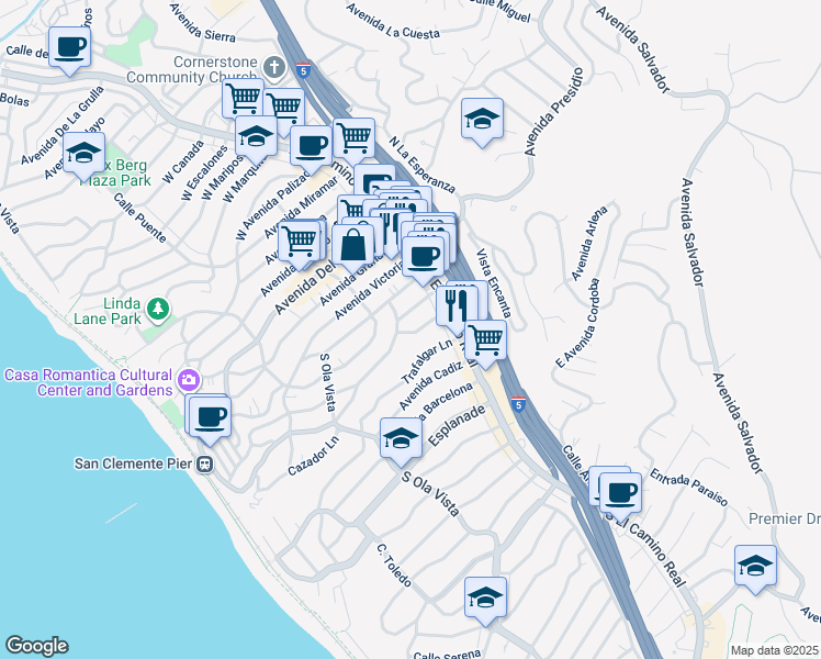 map of restaurants, bars, coffee shops, grocery stores, and more near in San Clemente