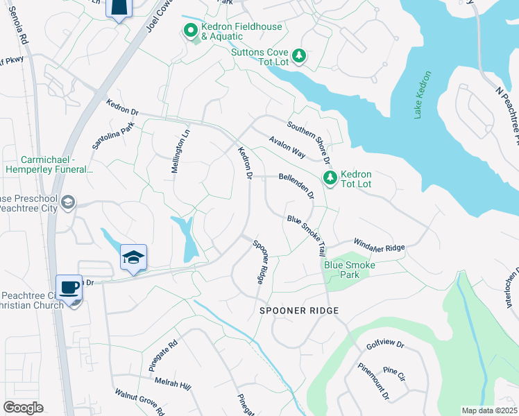 map of restaurants, bars, coffee shops, grocery stores, and more near 435 Blue Smoke Trail in Peachtree City