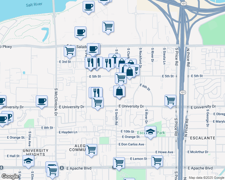 map of restaurants, bars, coffee shops, grocery stores, and more near 616 South Smith Road in Tempe
