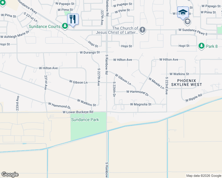map of restaurants, bars, coffee shops, grocery stores, and more near 2419 227th Avenue in Buckeye