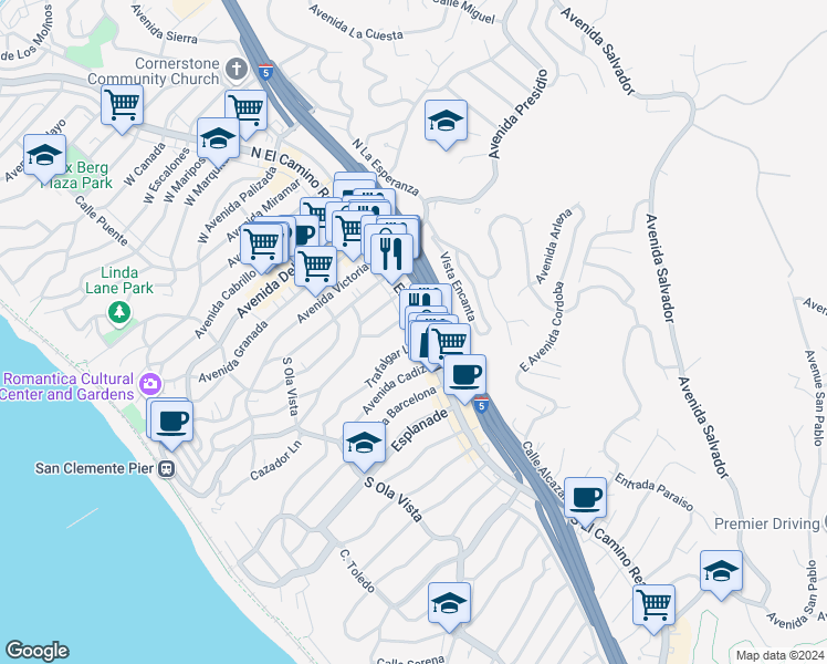 map of restaurants, bars, coffee shops, grocery stores, and more near 630 El Camino Real in Tustin