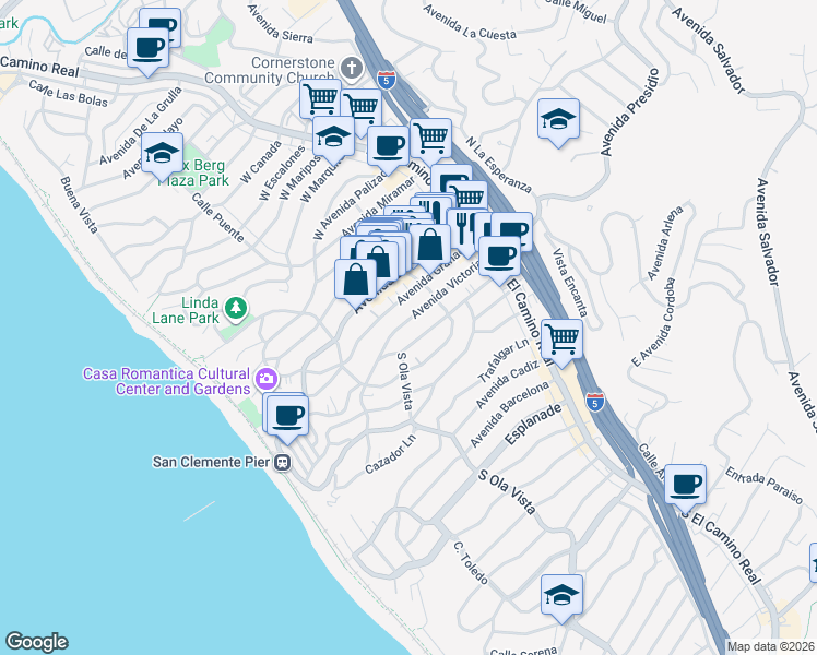 map of restaurants, bars, coffee shops, grocery stores, and more near 223 Avenida Victoria in San Clemente