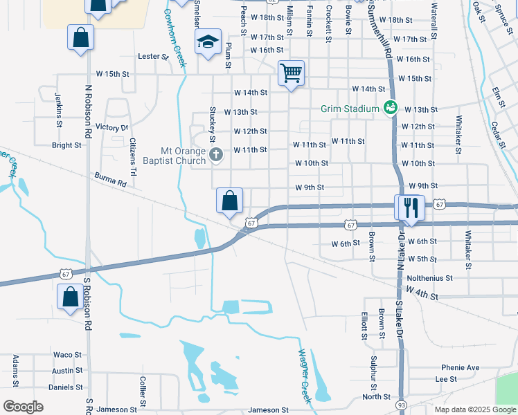 map of restaurants, bars, coffee shops, grocery stores, and more near 801 Apple Street in Texarkana