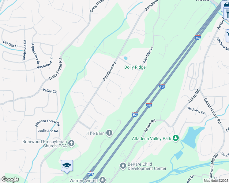 map of restaurants, bars, coffee shops, grocery stores, and more near 3563 Altadena Park Lane in Birmingham