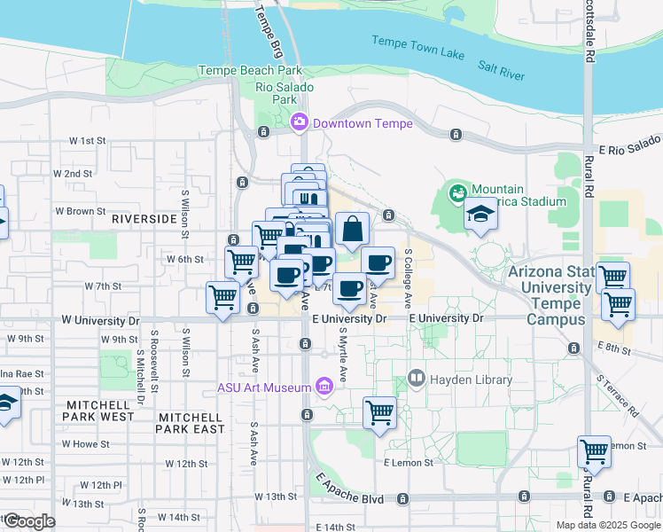 map of restaurants, bars, coffee shops, grocery stores, and more near 20 East 6th Street in Tempe