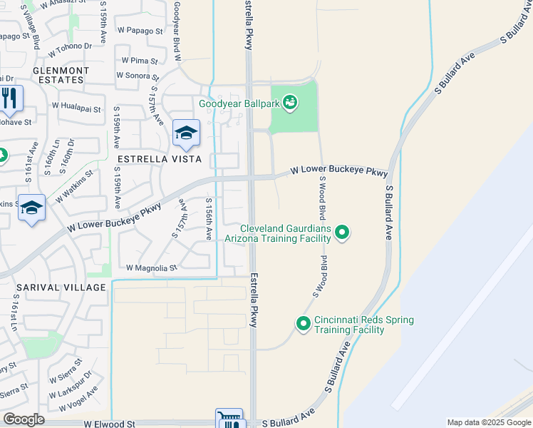 map of restaurants, bars, coffee shops, grocery stores, and more near 2445 Estrella Parkway in Goodyear