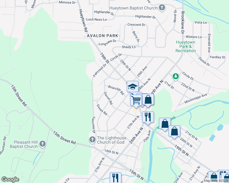 map of restaurants, bars, coffee shops, grocery stores, and more near 3001 Briarcliff Road in Hueytown