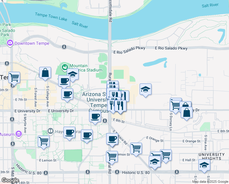map of restaurants, bars, coffee shops, grocery stores, and more near 925 East 6th Street in Tempe