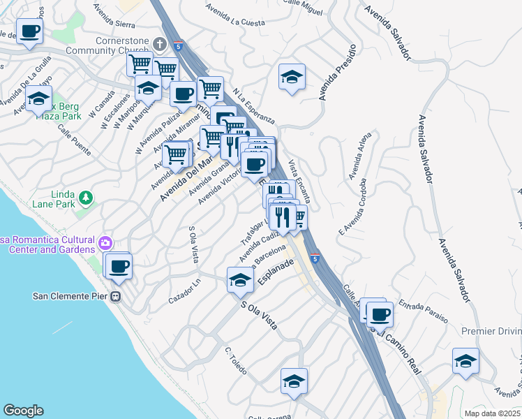 map of restaurants, bars, coffee shops, grocery stores, and more near 616 South El Camino Real in San Clemente