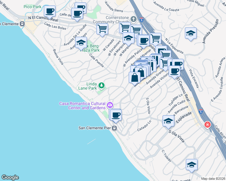 map of restaurants, bars, coffee shops, grocery stores, and more near 318 West Avenida Palizada in San Clemente