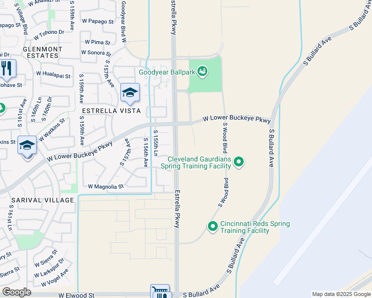 map of restaurants, bars, coffee shops, grocery stores, and more near 2445 Estrella Parkway in Goodyear