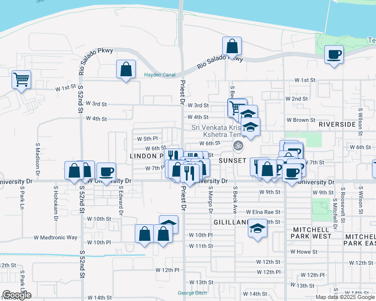 map of restaurants, bars, coffee shops, grocery stores, and more near 1329 West 6th Street in Tempe