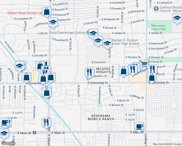 map of restaurants, bars, coffee shops, grocery stores, and more near 502 North 23rd Street in Mesa