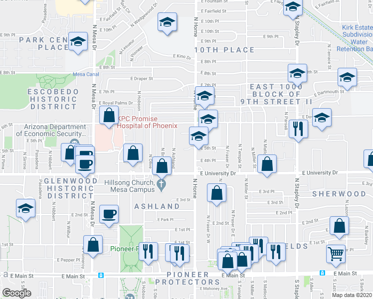 map of restaurants, bars, coffee shops, grocery stores, and more near 514 North Horne in Mesa