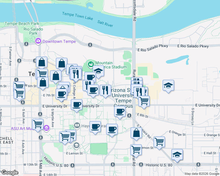 map of restaurants, bars, coffee shops, grocery stores, and more near 601 East 6th Street in Tempe