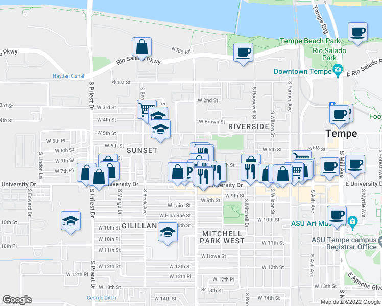 map of restaurants, bars, coffee shops, grocery stores, and more near 616 South Hardy Drive in Tempe