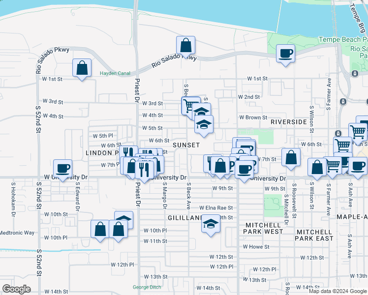 map of restaurants, bars, coffee shops, grocery stores, and more near in Tempe