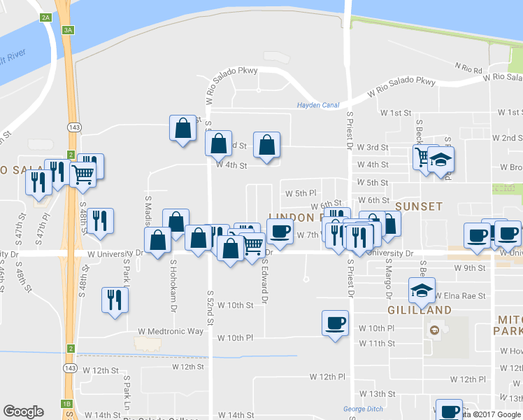 map of restaurants, bars, coffee shops, grocery stores, and more near 706 South Lindon Lane in Tempe