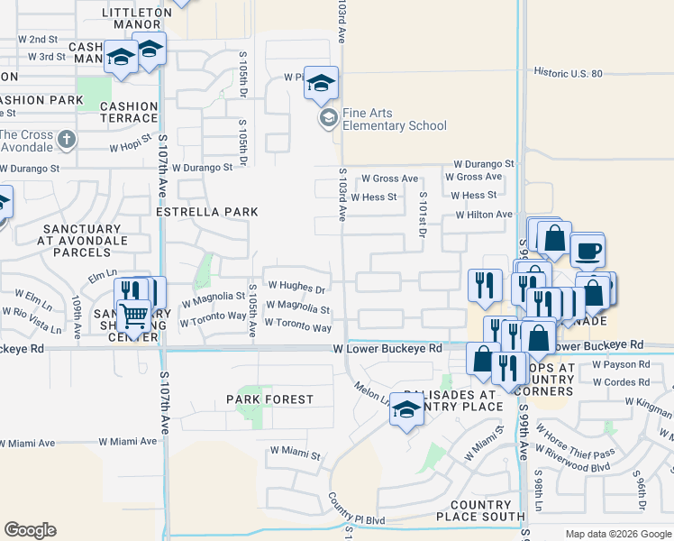 map of restaurants, bars, coffee shops, grocery stores, and more near 2428 South 103rd Drive in Tolleson