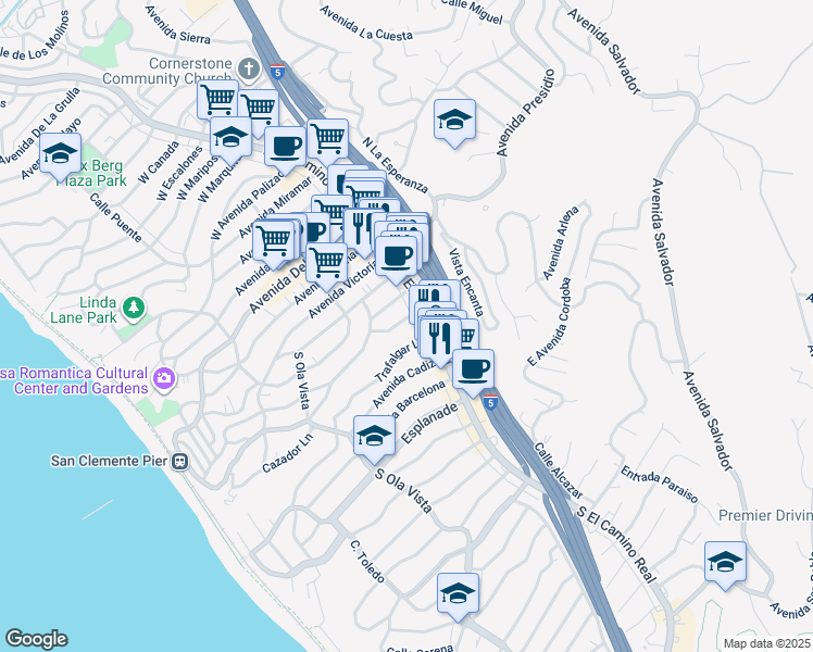 map of restaurants, bars, coffee shops, grocery stores, and more near 616 South El Camino Real in San Clemente