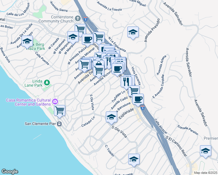 map of restaurants, bars, coffee shops, grocery stores, and more near 203 Avenida Monterey in San Clemente