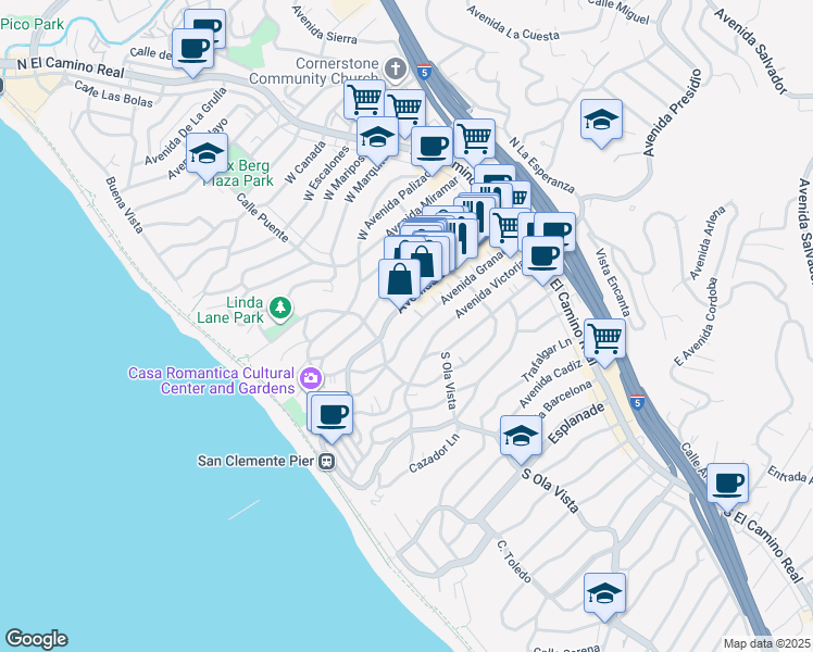 map of restaurants, bars, coffee shops, grocery stores, and more near 240 Avenida Granada in San Clemente