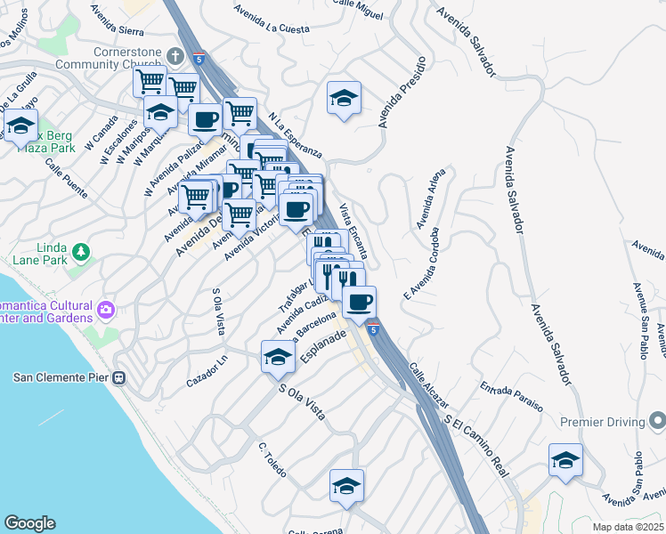 map of restaurants, bars, coffee shops, grocery stores, and more near 711 South El Camino Real in San Clemente